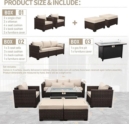 6 Pieces Outdoor Furniture 60000BTU Outdoor Propane Fire Pit Wicker Patio Furniture Set 45" Steel Fire Table Anti-Slip Cushions Waterproof Covers, Khaki