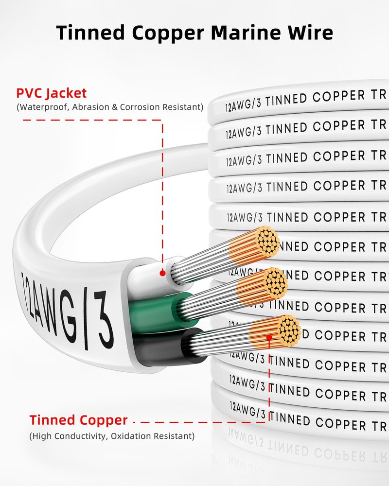 NAOEVO 12 Gauge Marine Wire, 12/3 Triplex Marine Electrical Cable, Waterproof/Insulated PVC/Oxygen-Free Tinned Copper 12 AWG Wire for Boat, Automotive, RV, Solar, LED, Trolling Motor (30FT)