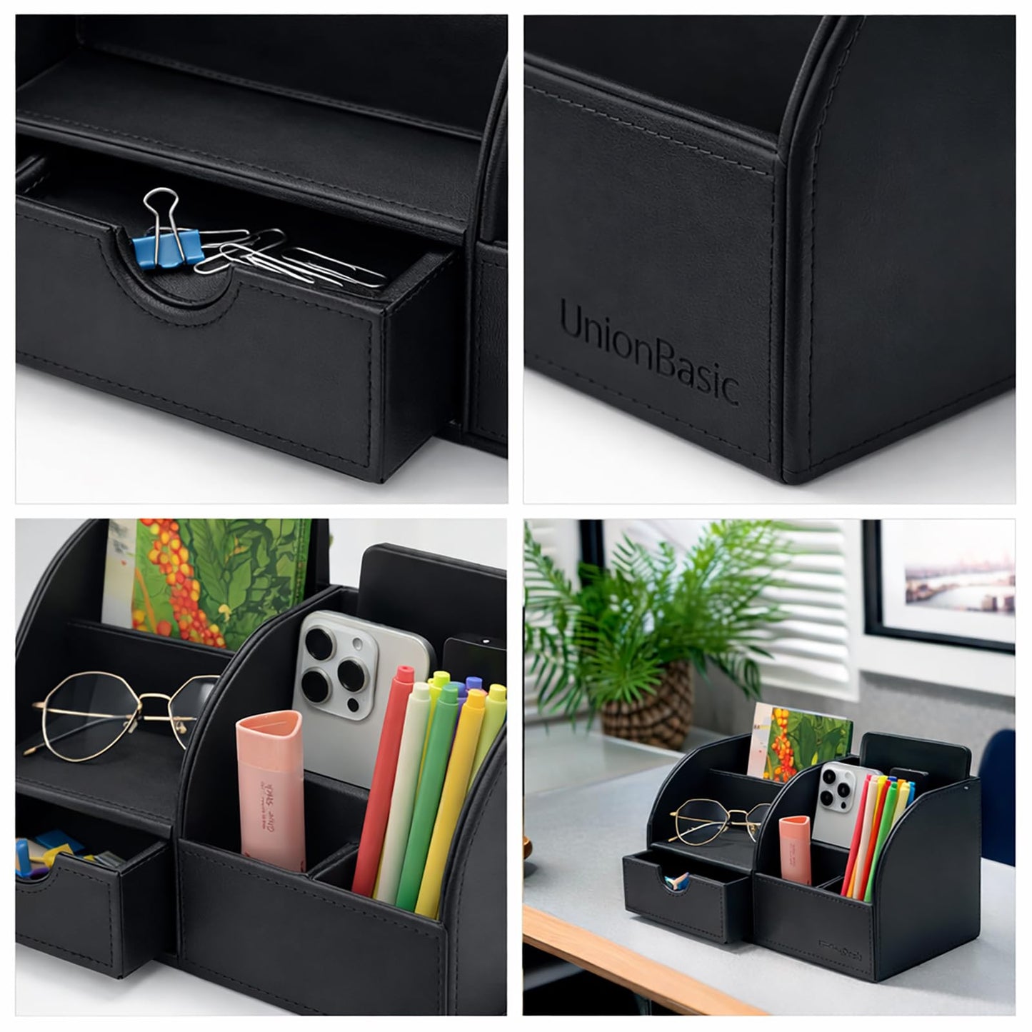 UnionBasic Desk Organizer - Multifunctional Leather Desktop Pen Holder Storage Box - Business Card/Pen/Pencil/Mobile Phone/Stationery Holder, Black