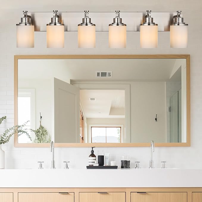 MELUCEE 6-Light Bathroom Vanity Light, Bathroom Light Fixtures Over Mirror with Milky White Glass Shade, Brushed Nickel Finish Wall Light for Kitchen Dressing Room Living Room Hallway, E26 Base