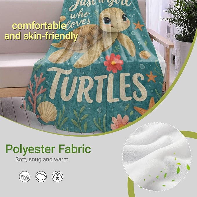 Cute Turtle Lightweight Throw Blanket, Cartoon Ocean Animal with Shell and Starfish, Warm Soft Cozy Flannel Blankets, Couch Dorm Home Decor All Season Use, 50x40in, Gifts for Girls Women