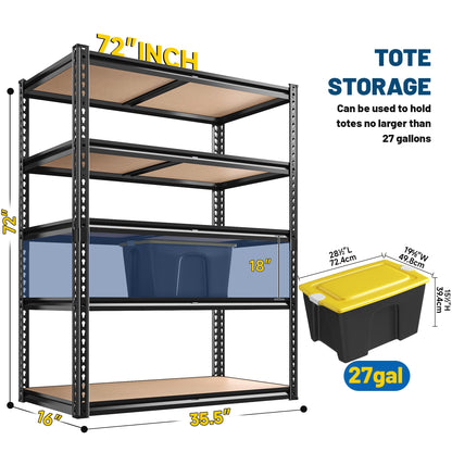 ROOMFAVE 72" H Storage Shelves 5 Tier Garage Shelving Heavy Duty,2050LBS Adjustable Metal Shelving Unit, Garage Shelves for Basement, Warehouse, Pantry, Closet, 72" H x 35.5" W x 16" D, Black,2PCS