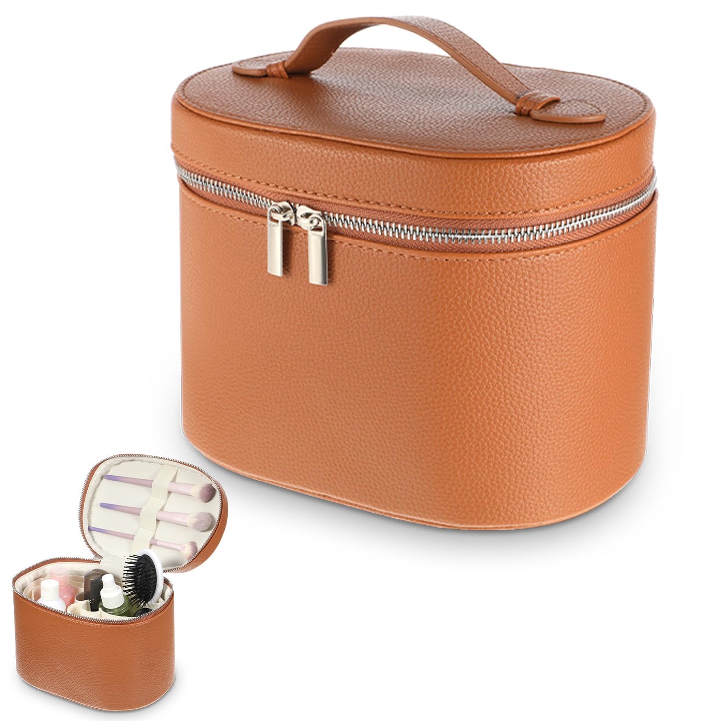 KongTiva Leather Make Up Bags, Large Capacity Cosmetic Case with Removable Compartment Waterproof Leather Makeup Travel Bags Organizer, Brown