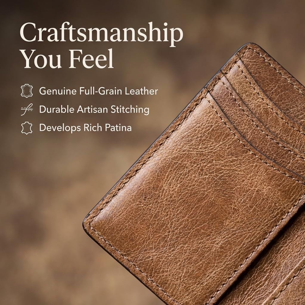 NKPT Slim Leather Credit Card Holder Wallet for Men | Full-Grain Leather, RFID Blocking, 6 Card Slots | Brown and Tan