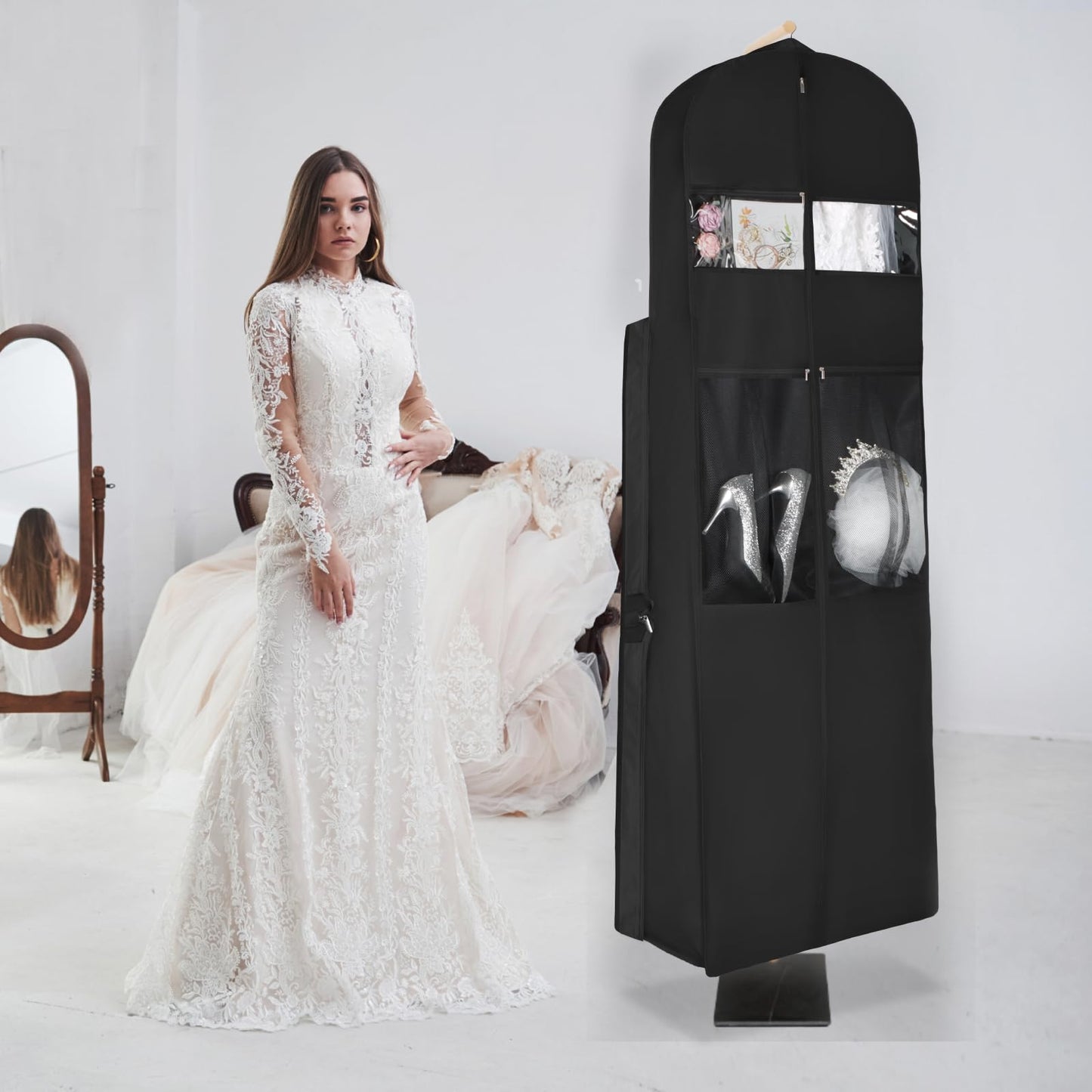 KEEGH Wedding Dress Garment Bag, 72” Tri-fold Bridal Dress Bags for Gowns, With Accessory Pockets and Adjustable Buckle Dress Cover for Wedding/Prom/Travel/Closet Storage (Black)