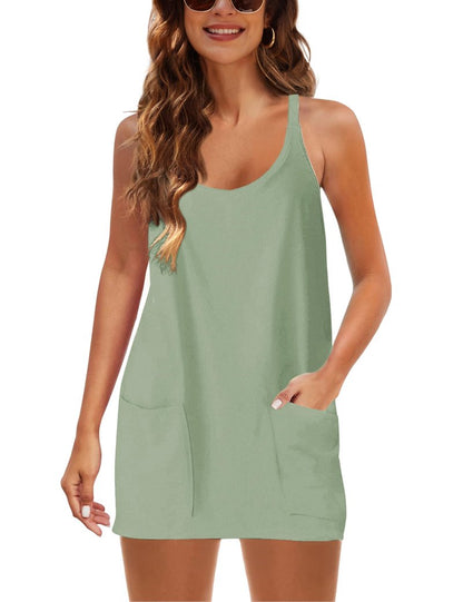 Lentta Womens Athletic Sleeveless Mini Dress with Built-in Shorts V Neck Spaghetti Strap Sundress(PeaGreen-S)