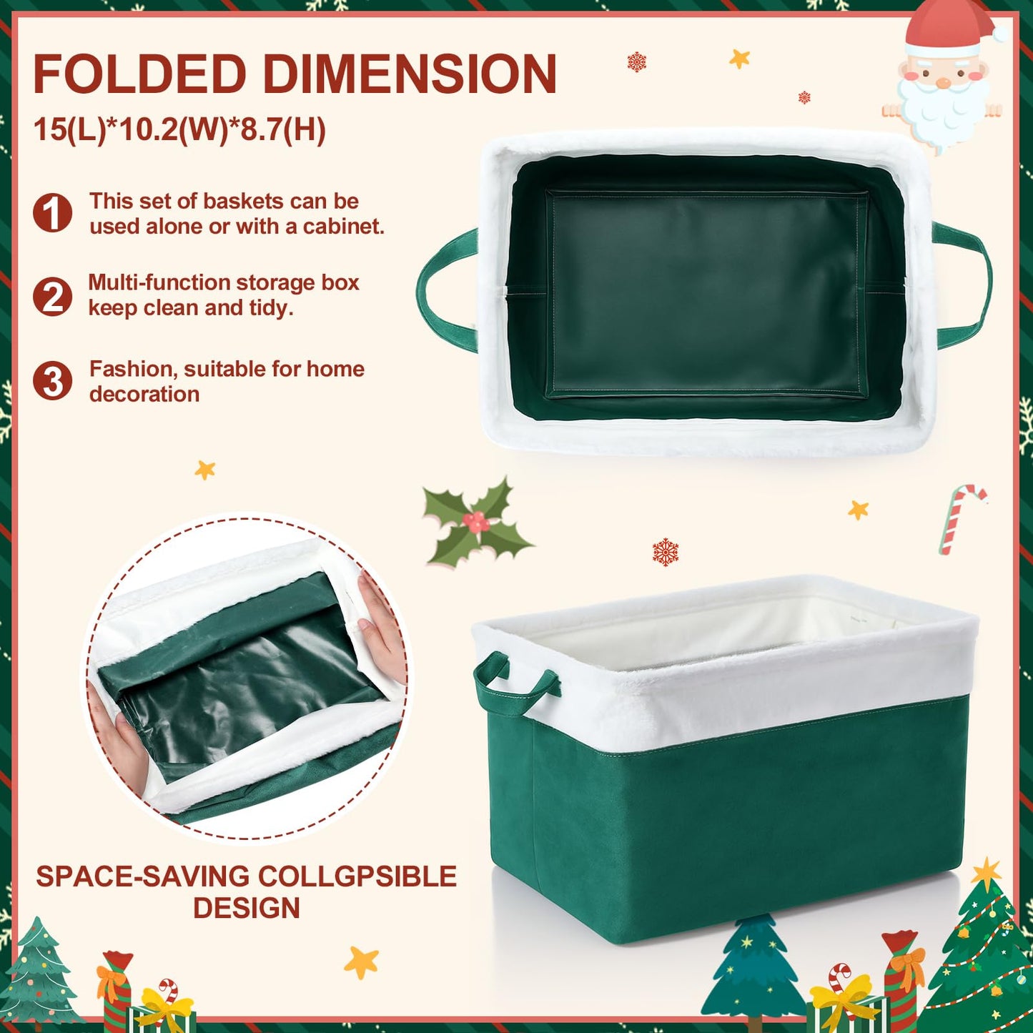 Bokon 3 Pcs Christmas Storage Basket Large Velvet Foldable Storage Bin with Handles Flannel Waterproof Closet Organizer Christmas Gift Basket for Office Home Bedroom Clothes(Green)