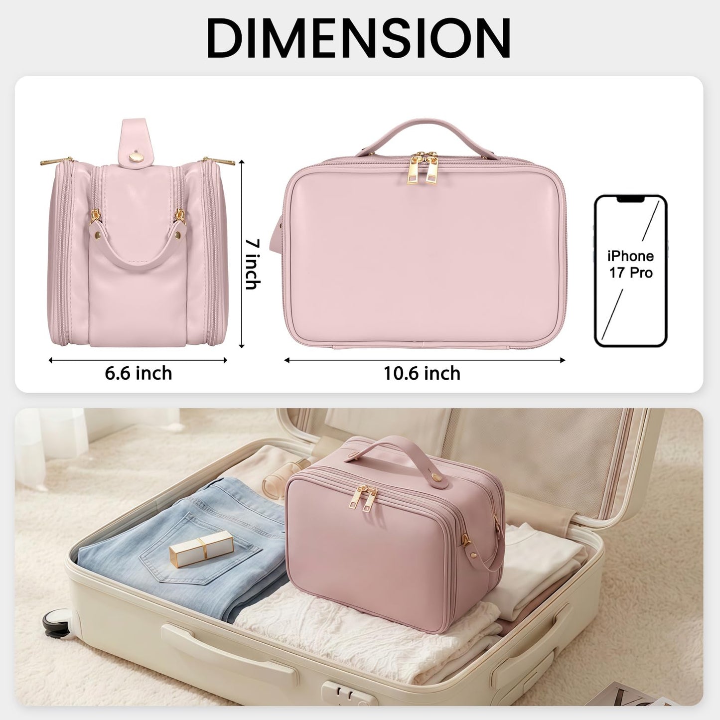 Travel Makeup Bag Women's Large Capacity Cosmetic Portable Organizer Large Opening Waterproof Storage Toiletry Bags Vertical Free-Standing Brush Holder for Easy Access Pink