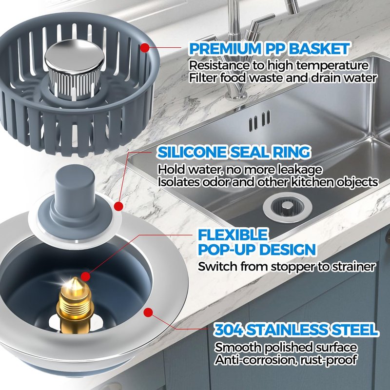 zaa Kitchen Sink Drain Strainer - Kitchen Sink Stopper, Stainless Steel Kitchen Drain Plug & Cover with Anti-Clogging Basket Strainer, Fit US Standard 3-1/2'' Sink Drain Hole, Silver