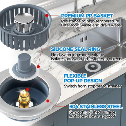 zaa Kitchen Sink Drain Strainer - Kitchen Sink Stopper, Stainless Steel Kitchen Drain Plug & Cover with Anti-Clogging Basket Strainer, Fit US Standard 3-1/2'' Sink Drain Hole, Silver