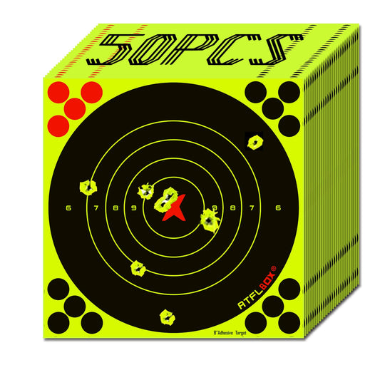 ATFLBOX 8 Inch Splatter Adhesive Bullseye Fluorescent Yellow Shooting Target Stickers, Shooting Outdoor and Indoor Ranges, Rective for Handguns, Rifle, Pistol, Pellet Guns, Airsoft, BB Guns (50 Pack)