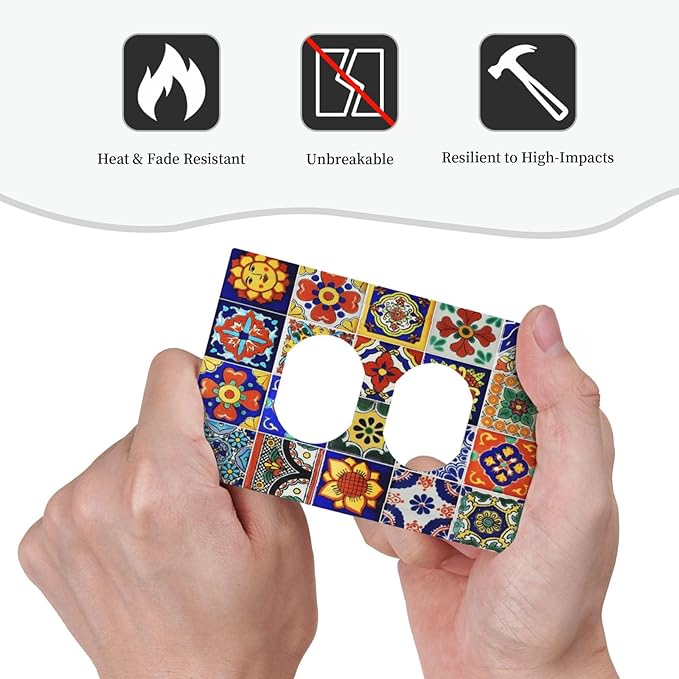 Traditional Colorful Talavera Mexican Spanish Moroccan Tiles 1 Gang Duplex Receptacle Switch Wall Plate Decorative Switchplate Outlet Covers Electrical Plug Cover Faceplate for Home Decor