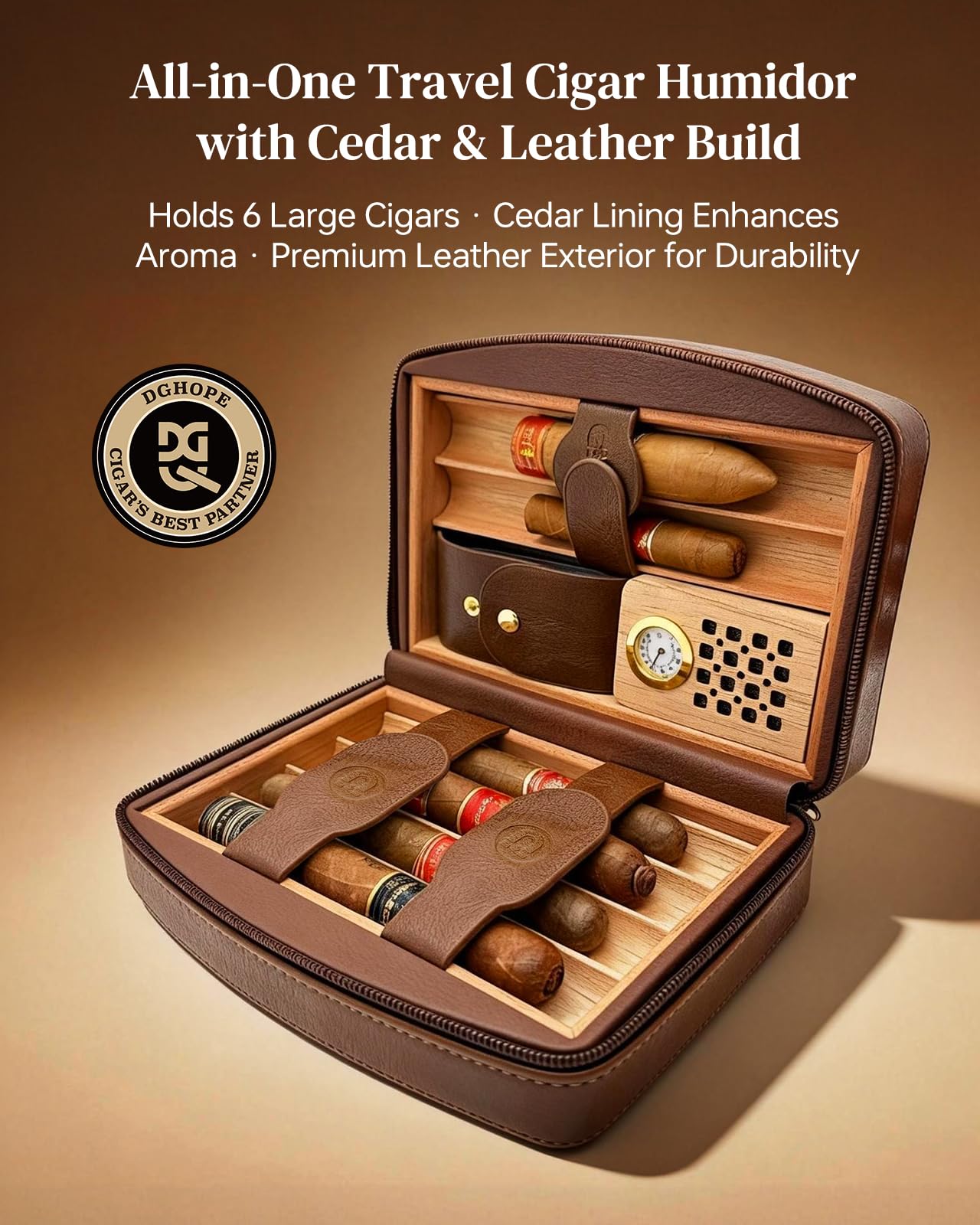 DGHOPE Cigar Humidor, Holds 6 Cigars (Max 7”/Ring 60), Spanish Cedar Lined, Hygrometer & Humidifier w/Dropper, 3-Pocket Storage, Gift (Brown)