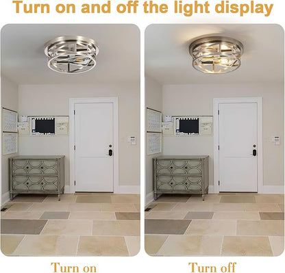 Close to Ceiling Light Fixtures, 2-Light Brushed Nickle Flush Mount Ceiling Light, 11 Inch Metal Cage Cross Modern Indoor House Ceiling Lights for Kitchen Bedroom Living Room Foyer Hallway Office