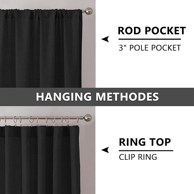 Tollpiz Linen Curtains Bedroom Rod Pocket Semi Sheer Curtain Burlap Light Filtering Thick Linen Drapes for Living Room, 54 x 84 inches Long, Black, Set of 2 Panels