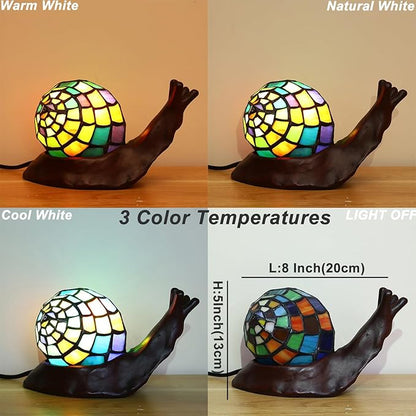 Tiffany Style Colorful Snail Accent Table Lamp Handmade Stained Glass Shade Night Light for Kids with 3 Color Temperatures LED Bulb - Ideal Gift for Home Decor(8" D x 5" W x 5" H)