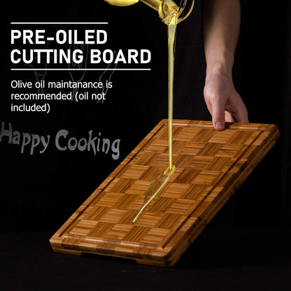 Kikcoin Extra Large Bamboo Cutting Boards, (Set of 3) Chopping Boards with Juice Groove Bamboo Wood Cutting Board Set Butcher Block for Kitchen, End Grain Serving Tray