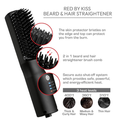 Red by Kiss 2-in-1 Ionic Hair Straightener Brush with Ceramic Coating, Adjustable Temp, Auto Shut Off, Skin Protector Bristles & 360° Swivel Cord, Smooth & Style in Few Strokes
