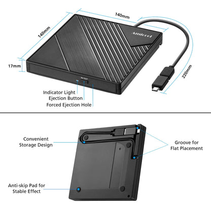 Amicool External DVD Drive USB 3.0 USB C CD Burner CD/DVD +/-RW Optical Drive, Slim Portable DVD CD ROM Rewriter Writer Duplicator for Laptop Desktop PC Windows 11/10/8/7 MacBook Mac Linux OS Apple