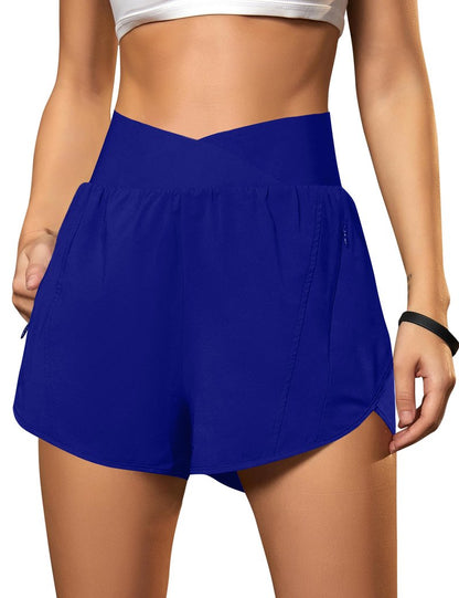 Blooming Jelly Women's Workout Shorts Athletic Running Cross V Cut Waist Work Out Preppy Shorts with Zipper Pockets (Royal Blue,X-Large)