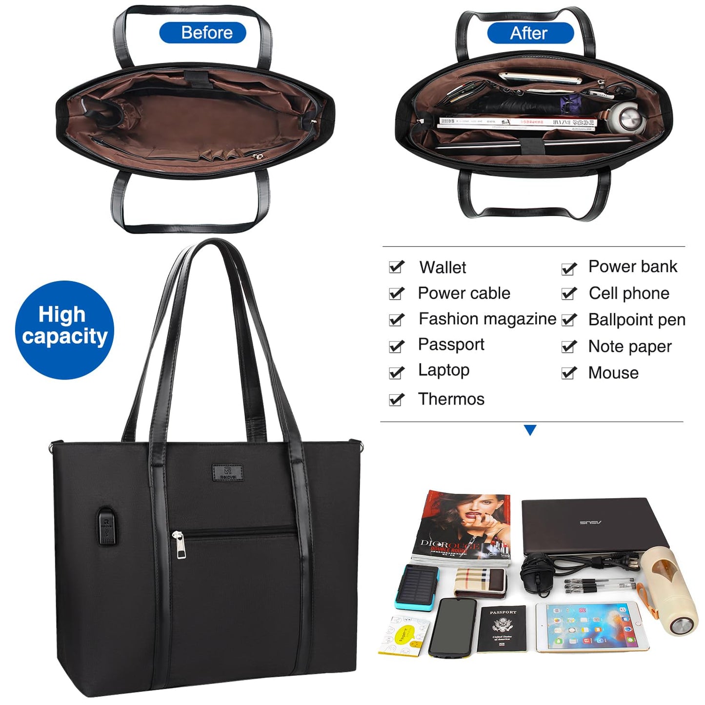 Laptop Tote Bag for Women 17 Inch, Laptop Bag With USB Port & 15 Pockets Teacher Work Bag with Compartments Business Travel Professional Computer Bag Office Work Organized Bag with Shoulder Straps