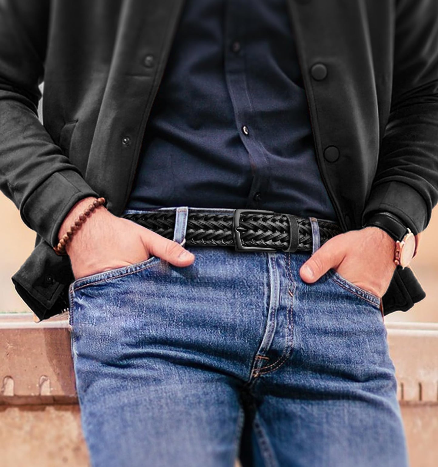 KEMISANT Men Belt, Braided Belt Comfortable For Men Casual Jean Golf 1 3/8"(Black,26"-30" Waist Adjustable)