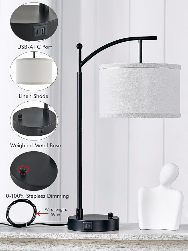 Table Lamp for Living Room Bedroom, 23.5" Table Lamps Set of 2 with USB C+A Ports, Bedside Lamps for Nightstand with Linen Lamp Shades, 2 Dimmable LED Bulbs Included, Black