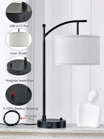Table Lamp for Living Room Bedroom, 23.5" Table Lamps Set of 2 with USB C+A Ports, Bedside Lamps for Nightstand with Linen Lamp Shades, 2 Dimmable LED Bulbs Included, Black
