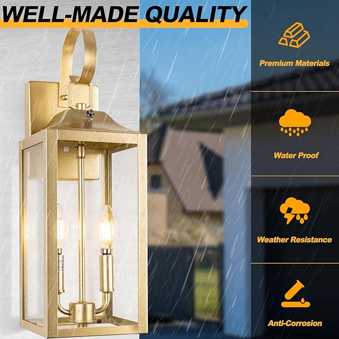 Gold Dusk to Dawn Outdoor Wall Lantern 2-Light, 19" Large Modern Wall Sconce Light Fixture, Industrial Porch Light, Waterproof Farmhouse Exterior Lamp Lighting