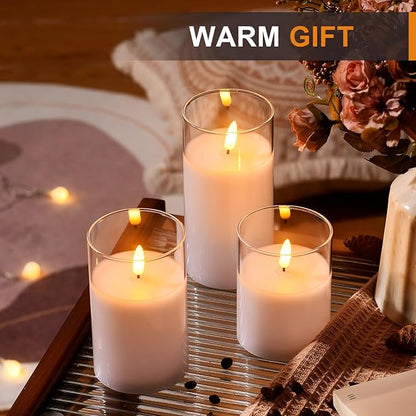Glass Battery Operated LED Flameless Candles with Remote and Timer, Real Wax Candles Warm Color Flickering Light for Festival Wedding Home Party Decor(Pack of 3)-Lvory White