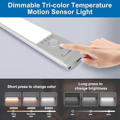 Under Cabinet Lighting, 4Pack Motion Sensor Light Indoor with 3 Color Temps, Rechargeable Under Counter Lights for Kitchen,Dimmable Closet Lights Battery Operated, 88 LED Motion Sensor Light Indoor