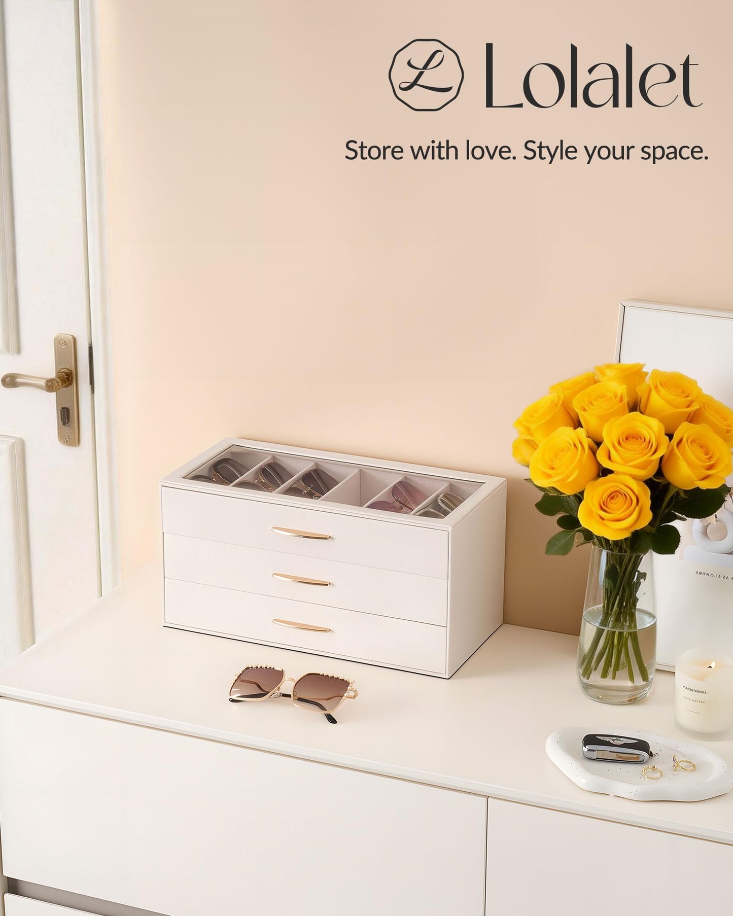 Lolalet 18 Slots Sunglasses Organizer Case for Women, 3-Layer Eyeglass Storage Holder Display Box with Clear Top Lid, Mothers Day Gifts -Cream