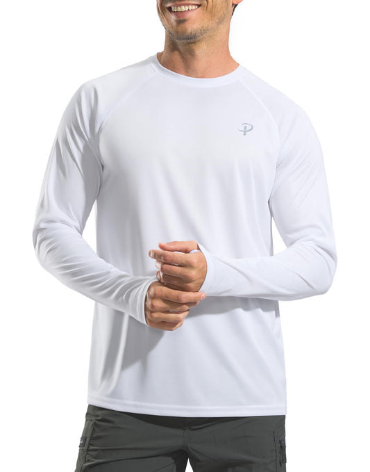Pudolla Mens Sun Protection Shirts UV SPF T-Shirts UPF 50+ Long Sleeve Rash Guard Fishing Beach Quick Dry(White L)