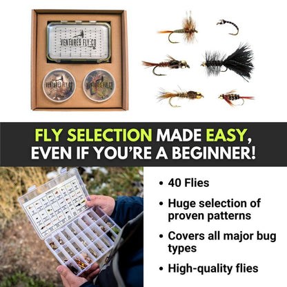 Ventures Fly Co. | Weekend Warrior Starter Package | 23 Fly Fishing Accessories Complete Combo | Includes Rod, Reel, Line, Flies, Leader, Tippet, Forceps, Nipper, Net, Sling Pack, and More!
