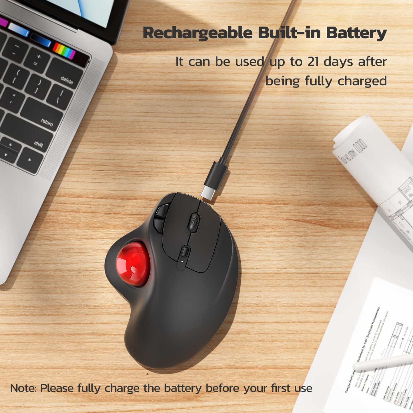 Nulea M501 Wireless Trackball Mouse, Rechargeable Ergonomic, Easy Thumb Control, Precise & Smooth Tracking, 3 Device Connection (Bluetooth or USB Receiver), Compatible for PC, Laptop, Mac, Windows.