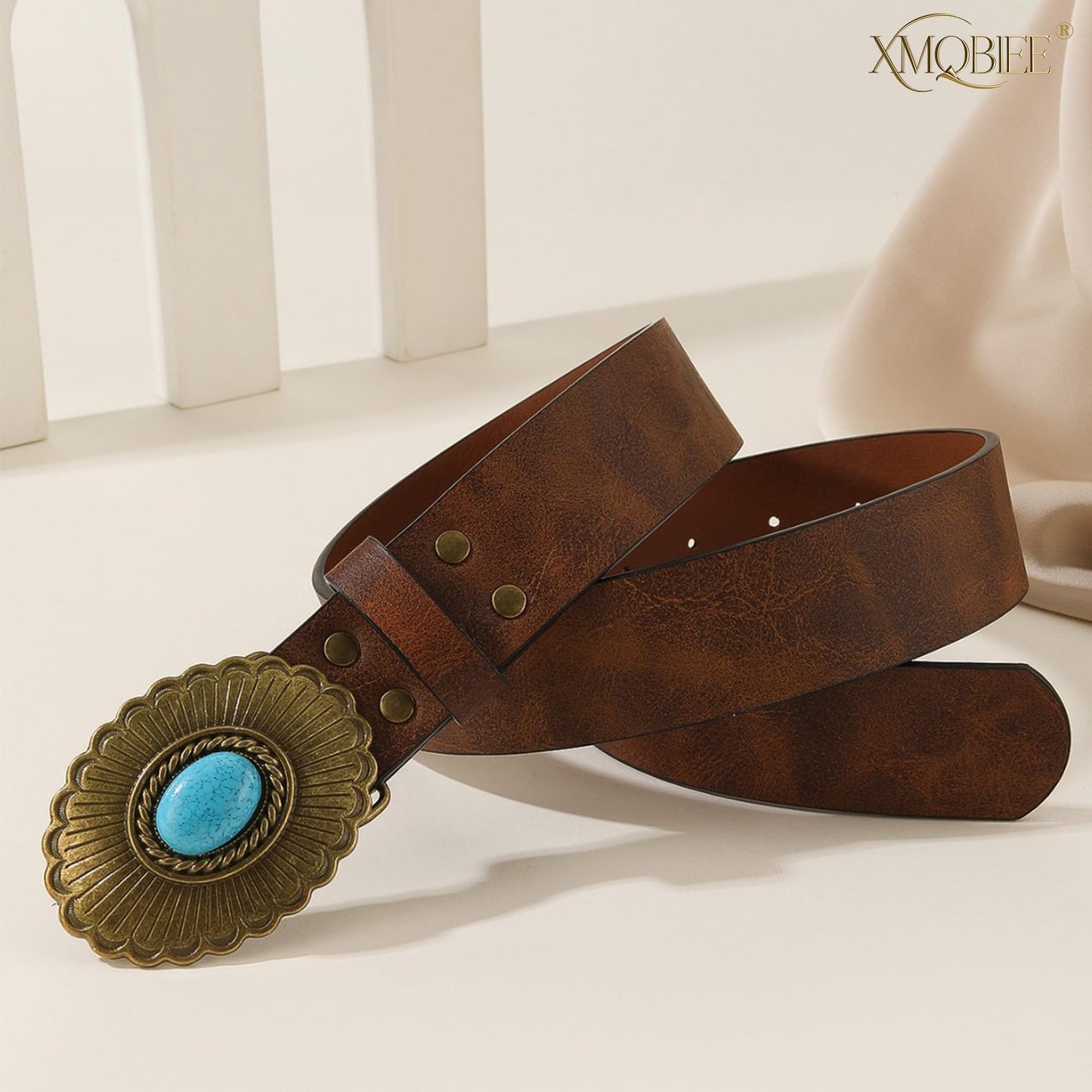 XMQBIEE Women's Western Leather Belt with Turquoise Buckle Engraved Cowboy Waist Belt for Jeans Dresses Country Concerts