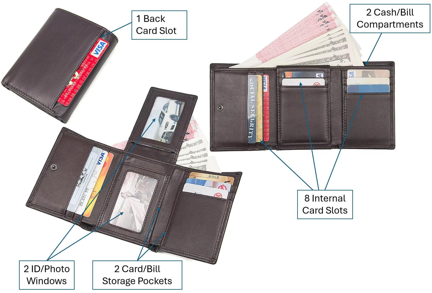 AurexaFashion Genuine Leather Short Trifold Wallet for Men, RFID Blocking, Snap Closure. 11 Card Slots, 2 ID Windows. Mahogany