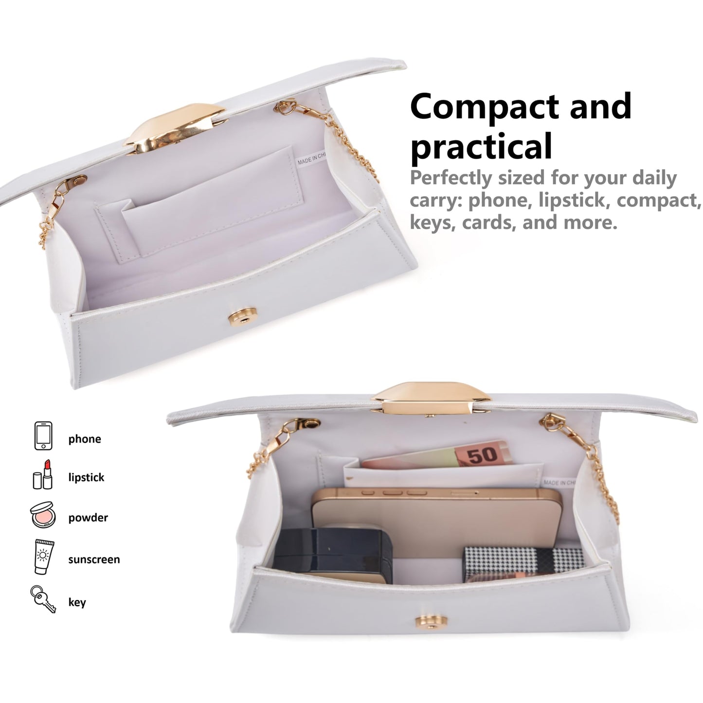 Gurina Designer Evening Handbag with Metal Handle, PU Leather Clutch Purse with Magnetic Buckle, Elegant Party Bag for Women (7OB White)