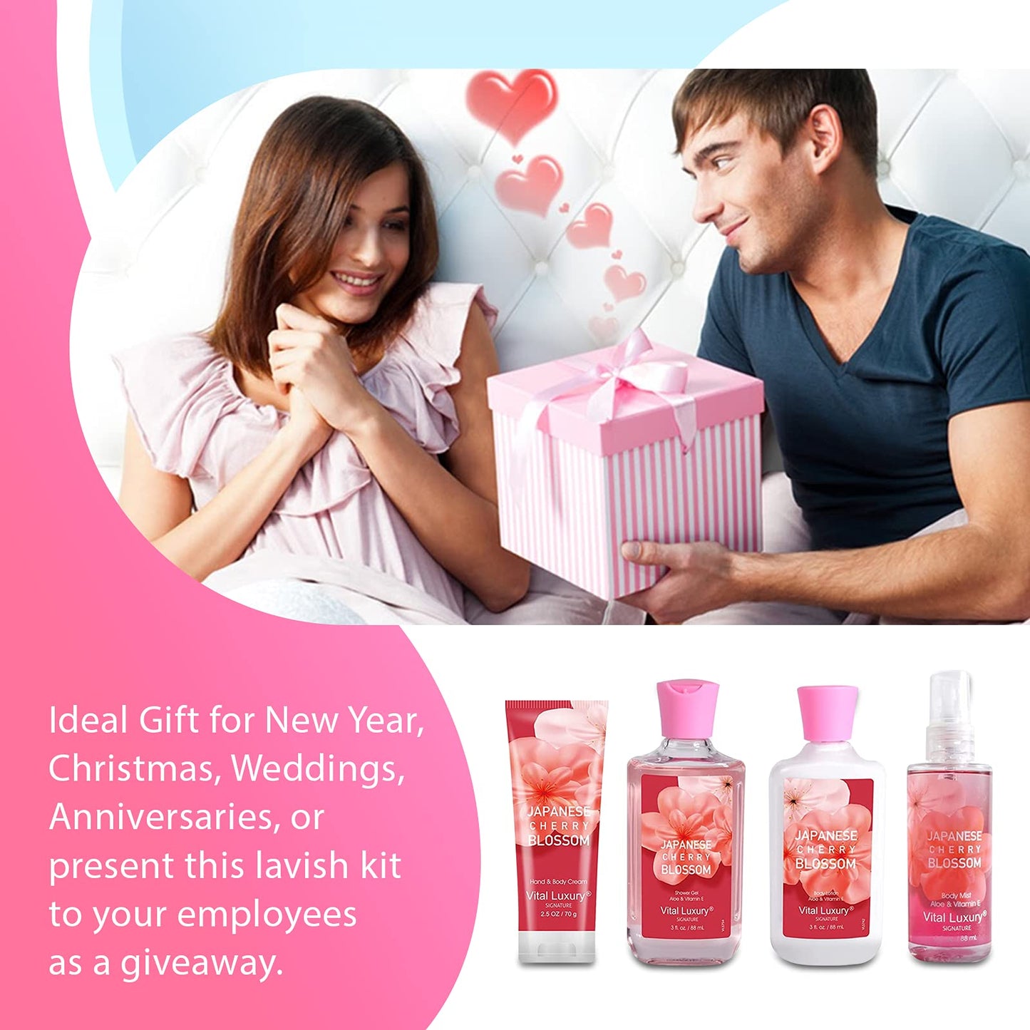 Vital Luxury Bath & Body Kit, 3 Fl Oz Travel Size, Ideal Skincare Relaxing Home Spa Set, Includes Body Lotion, Shower Gel, Body Cream, and Fragrance Mist, Bath Gifts for Her and Him (Japanese Cherry