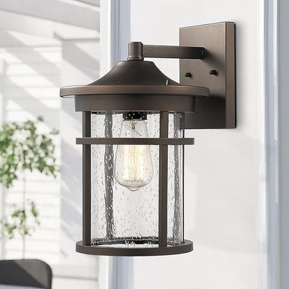 Bestshared Outdoor Wall Mount Light Fixture, Large Exterior Porch Wall Lantern, Outdoor Wall Light with Seeded Glass Shade (Oil Rubbed Bronze, 14" Height)