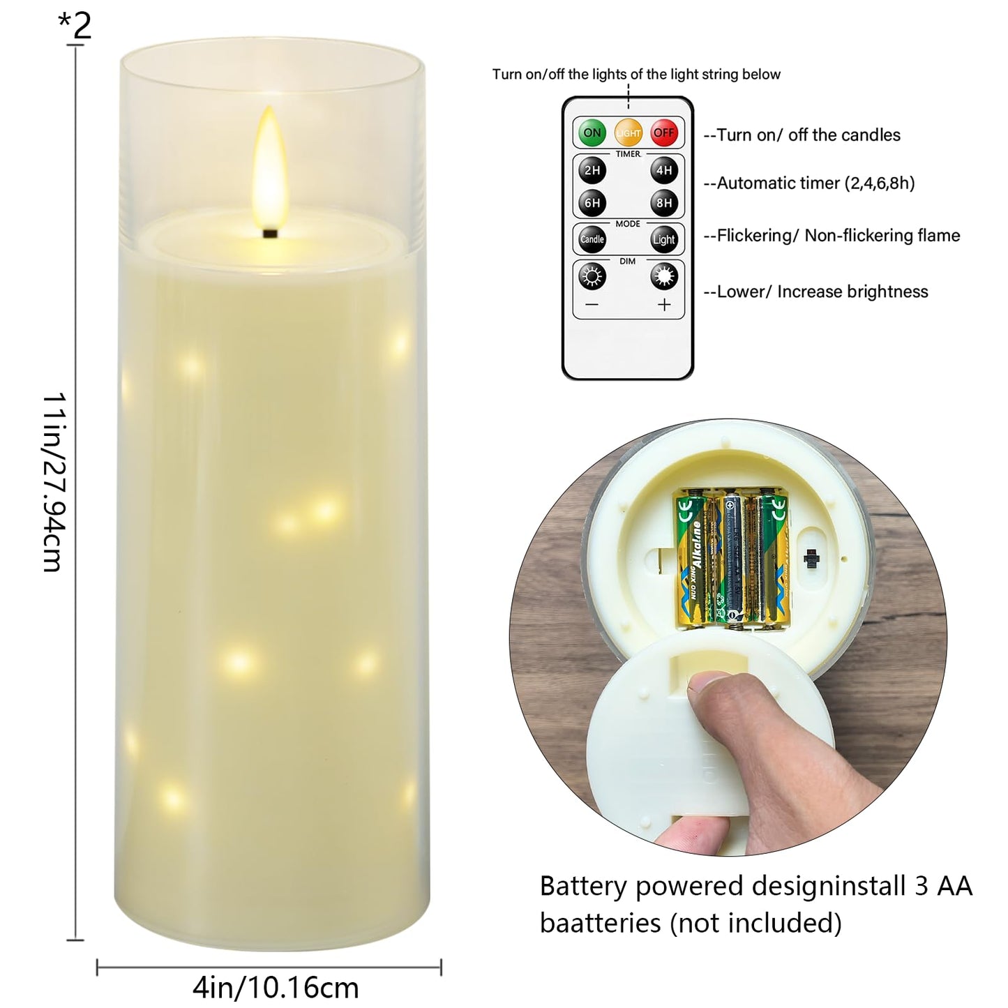 kakoya 11" x 4" Large Outdoor Waterproof Flameless LED Candles with Remote and Timer,Acrylic Pillar Candles Battery Operated with Embedded Star String for Porch,Patio,Outdoor Decor,Set of 2(Ivory)