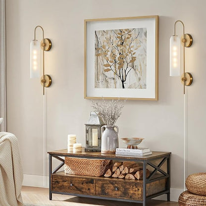 BOKT Mid Century Modern Plug in Wall Sconces Indoor Long Brushed Gold Milk White Glass Sconces Wall Lighting Single Wall Sconce Bathroom Vanity Light Brass Wall Mounted Light Fixture (White)