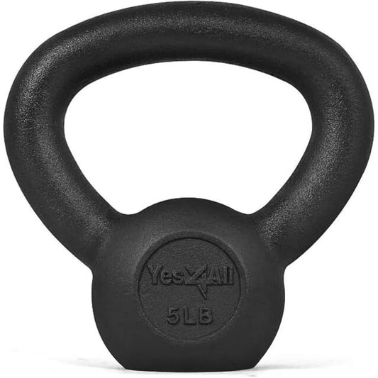 Yes4All Cast Iron Kettlebell, 5-80 Lb Built to Last One-Piece Design, Comfortable 1–2 Hand Grip for Swings, Squats, Deadlifts & Snatches, Stable Flat Base, Single & Pair - 5LB, Single