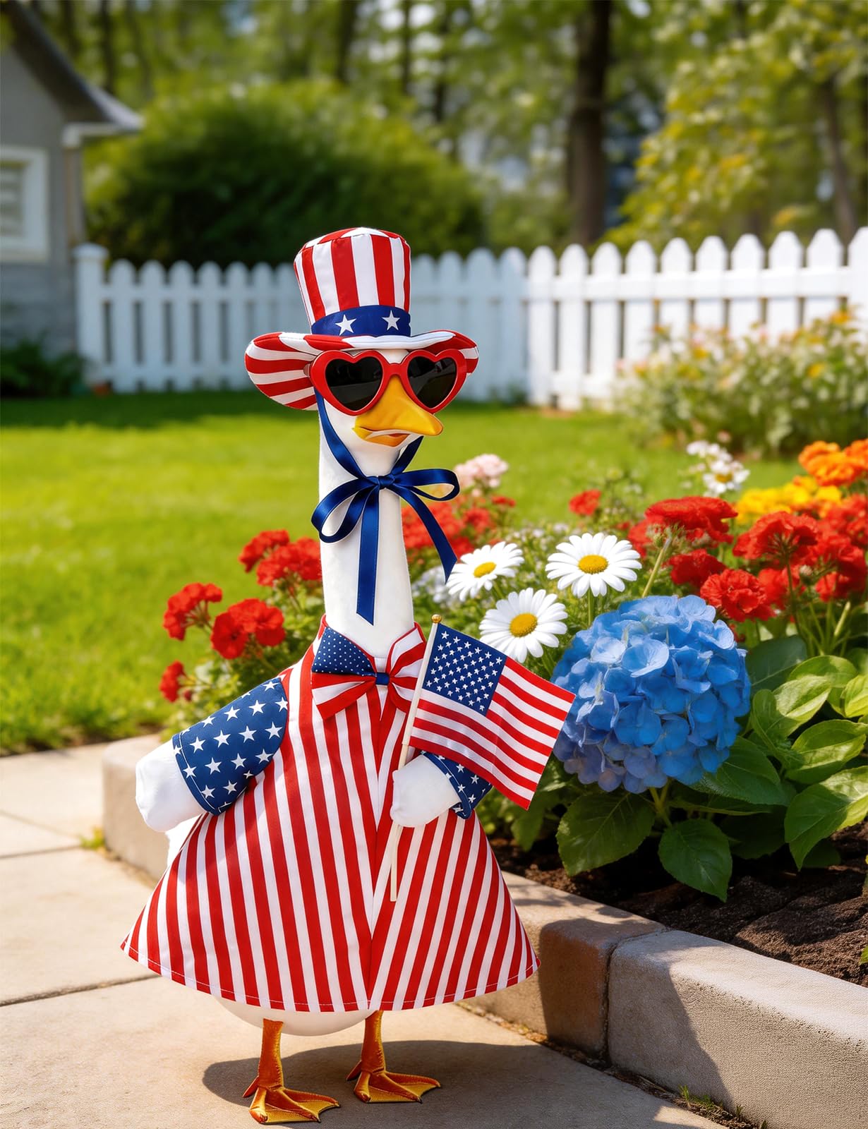 bomis 4th of July Patriotic Porch Goose Outfits for 23 Inch Lawn Statue – Independence Day Goose Costume with Red Heart Sunglasses, Star Stripe Hat, Handheld American Flag, US 250th Anniversary Decor
