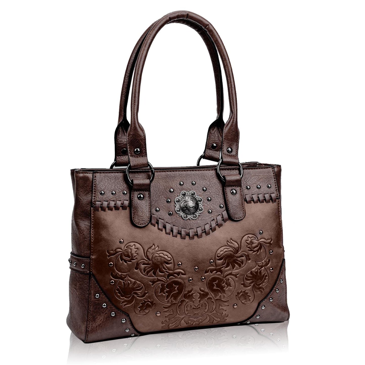LAVAWA Tote Bag for Women Large Western Purse Ladies Top Handle Shoulder Handbags Vintage Embossed Concho Studs (Coffee