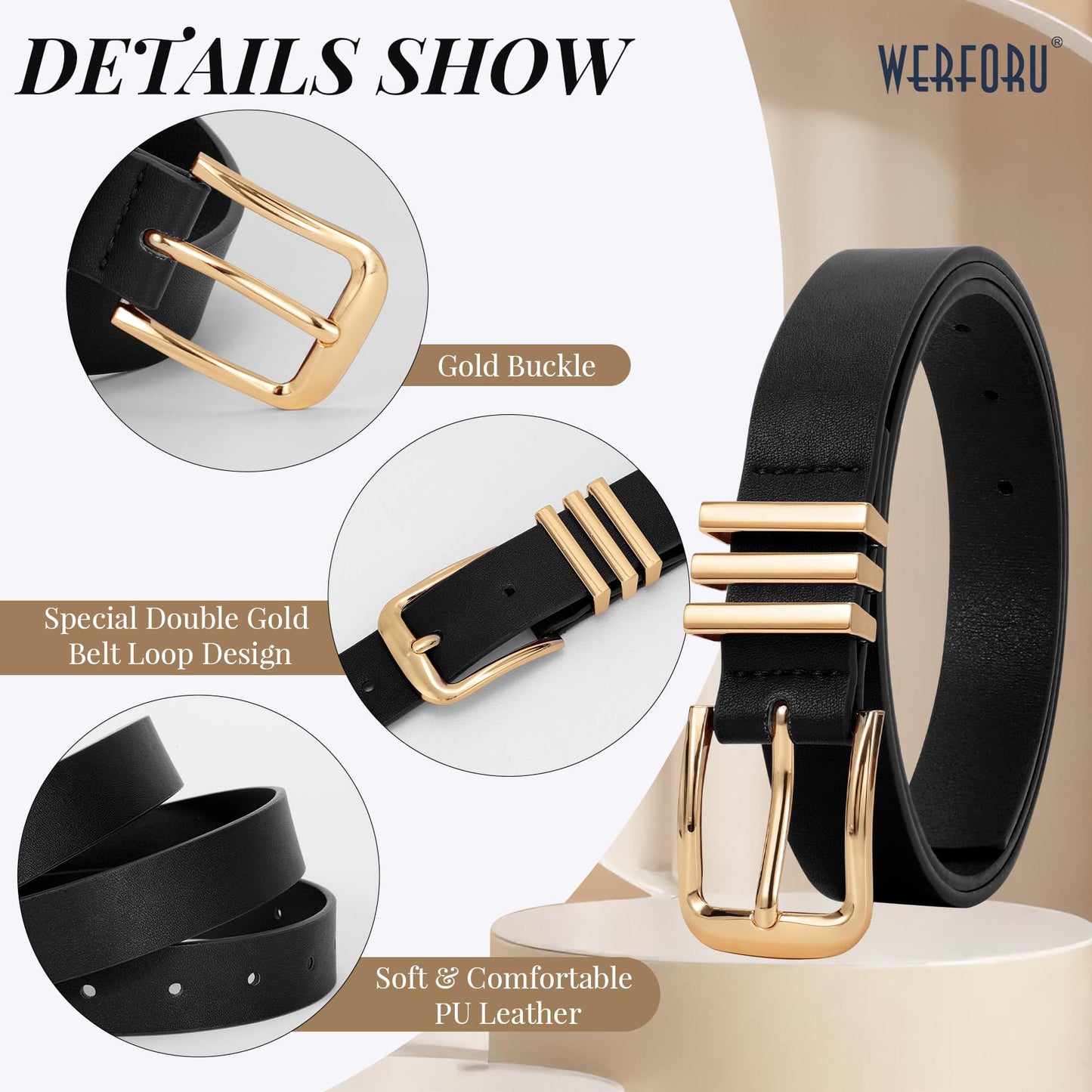 WERFORU 3 PACK Women Belt Women Fashion Leather Belts for Jeans Pants Ladies Belts with Gold Buckle,B-Black+Brown+Beige-gold,Fit Waist Size 32-36 Inches