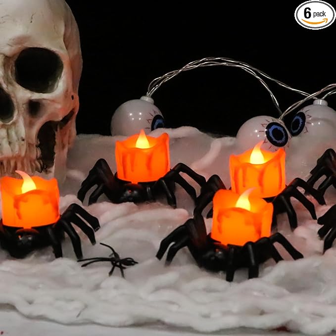 Halloween Decorations Tea Lights Candles with 6H Timer, 6 PCS Φ 1.6" H 1.6" Battery Operated Halloween Candles Flameless LED Candle Holders Flickering Table Party Halloween Decor Indoor