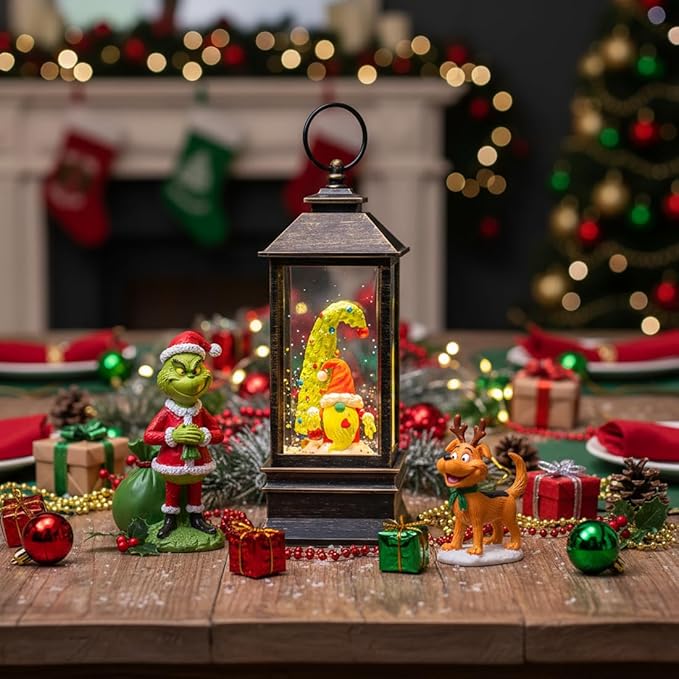 Christmas Snow Globe Lantern Water Glittering Xmas Gnome with Music, USB Lined/Battery Operated Lighted Lantern for Christmas Festival Decoration Gifts
