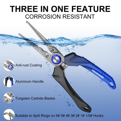 TRUSCEND Lockable Fishing Pliers with High Tungsten Carbide Cutter, Innovative Ergonomic Handy Handle, Saltwater Corrosion Resistant Teflon Coated Fishing Tool, Super Light Multi-Function Fishing Gear