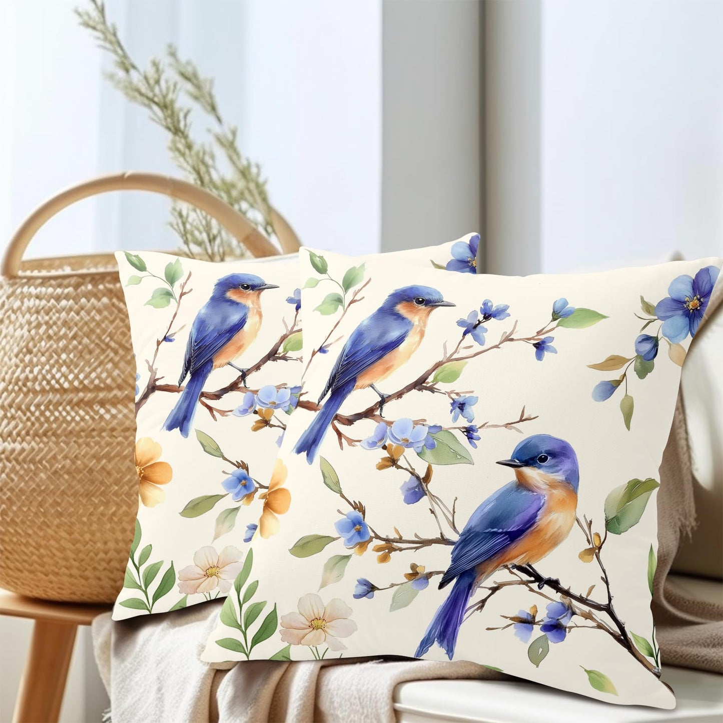 Spring Summer Pillow Covers 24x24 Inch Set of 2 Blue Floral Bird Decorative Outdoor Throw Pillows Yellow Green Flower Pillowcases Cotton Linen Cushion Cover for Sofa Bed Couch Home Decor